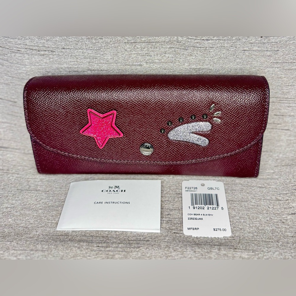 Coach Slim Envelope Leather Wallet w/ a Bear Pink Star & Winking face - 8” x 4” - Picture 2 of 12